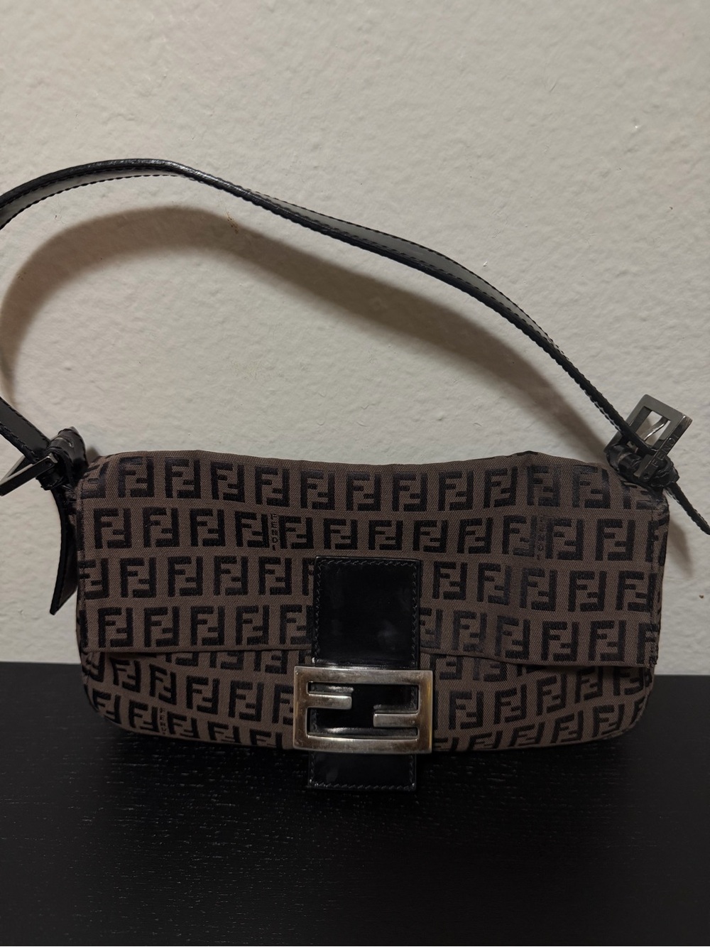 Fendi Brown and Black Zucca Monogram Shoulder Baguette
